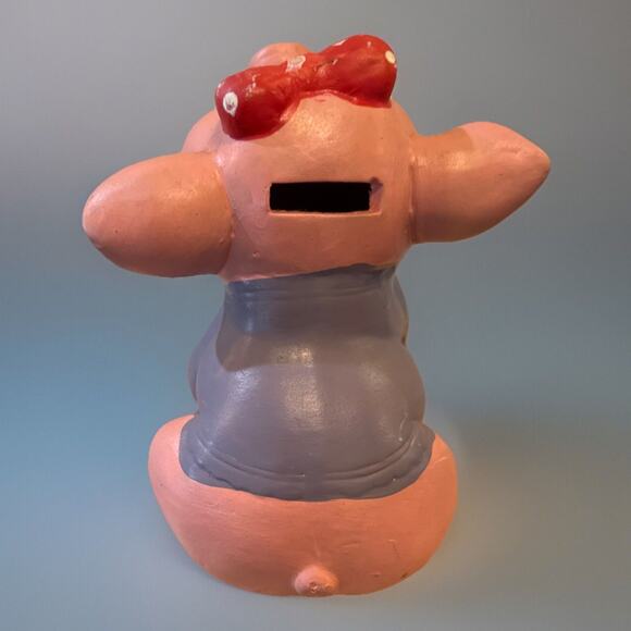 Vintage Piggy Bank Hand Painted Purple Shirt Cute Pig with Stopper Preowned - Picture 4 of 8